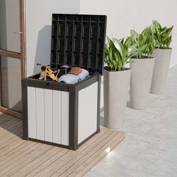 50-Gallon Outdoor Deck Box,Storage Lockable Waterproof Patio Furniture,Garden Tools,Cushions,Pool Accessories Outside Storage Resin Box(Black and White)-VerdiqueGarden