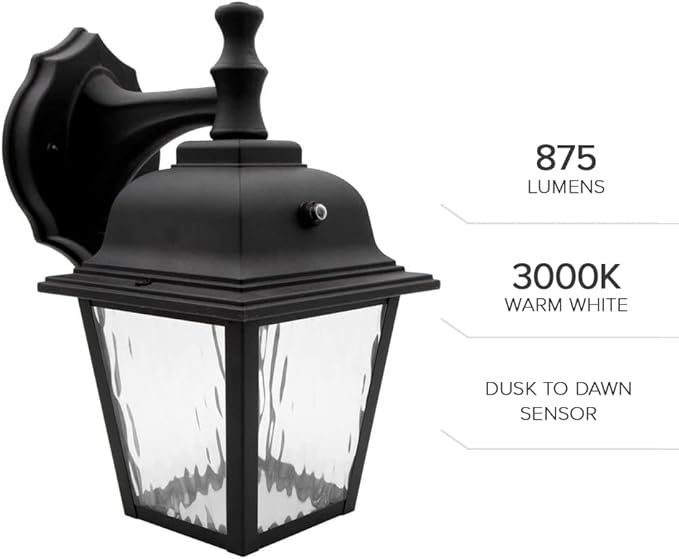 Maxxima LED Porch Lantern Outdoor Wall Light Fixture - Black, Clear Water Glass, Photocell Sensor, 875 Lumens, 3000K Warm White, Dusk to Dawn Light Sensor, Exterior Decorative Light-VerdiqueGarden