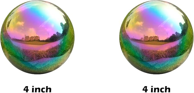 Nerien Gazing Ball, 3.9" Stainless Steel Garden Mirror Globe, Polished Ornament Sphere, Hollow Floating Reflective Hemisphere, Home Outdoor Pond Housewarming Swimming Pool Decoration, Rainbow, 2pcs-VerdiqueGarden