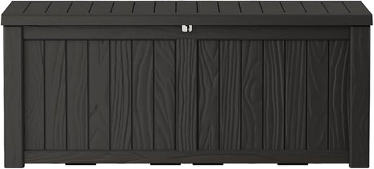 Extra-Large 150 Gallon Outdoor Chest Storage Waterproof - Outside Storage Box & Bench, Resin Deck Chest for Patio/Pool, Lockable UV-Resistant, Onyx Black-VerdiqueGarden
