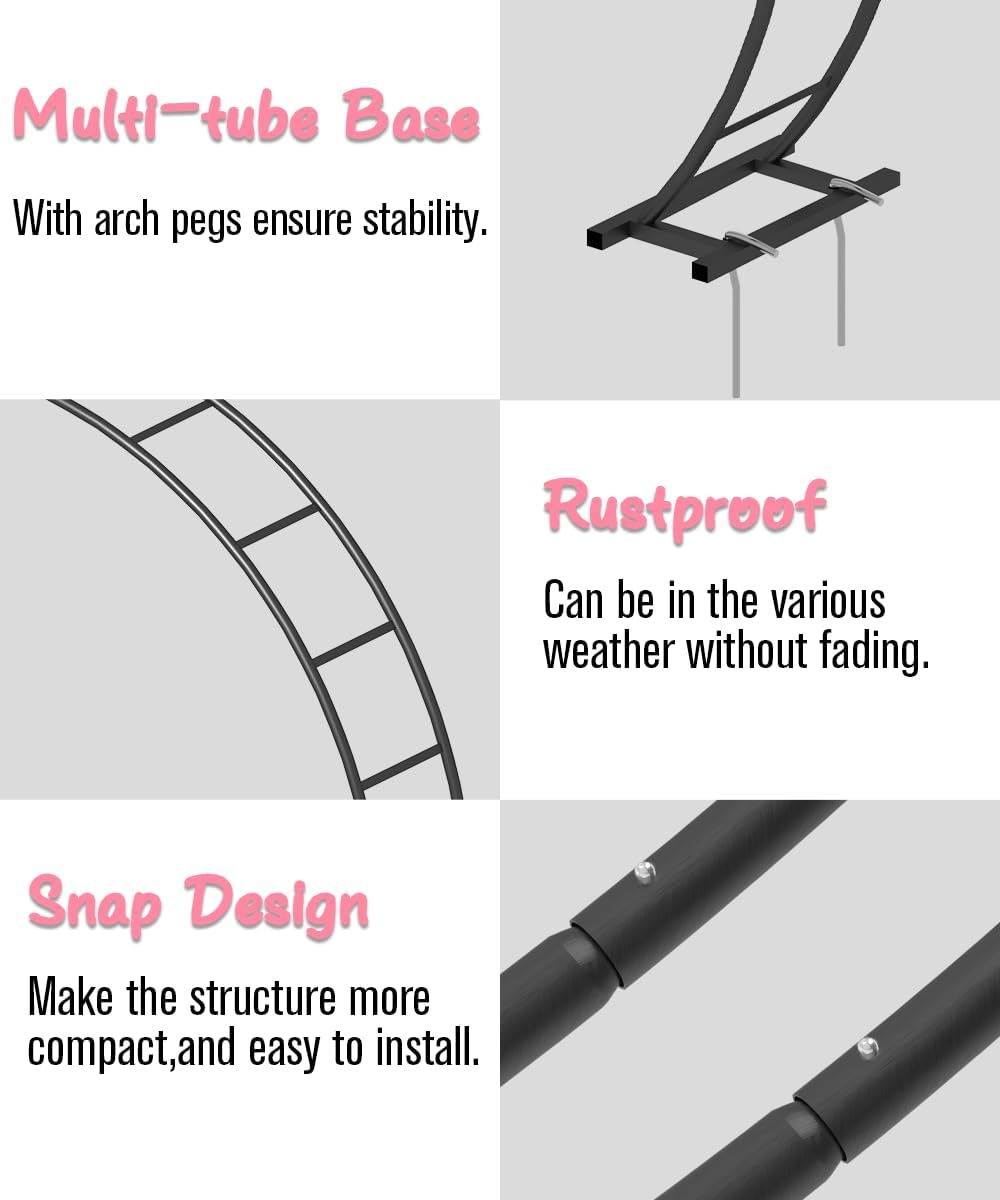 Queension Metal Arch Backdrop Stand 8Ft Wide 7Ft High, Wedding Arch Frame for Wedding Decorations, Balloon Arch Stand with Base for Ceremony, Outdoor Garden Arch Trellis for Climbing Plants, Black-VerdiqueGarden