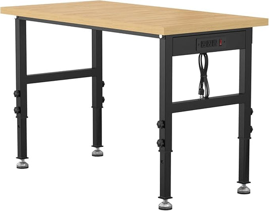 48" Adjustable Workbench,Heavy-Duty Work Table,3000 LBS Load Capacity Particleboard Hardwood Workstation Outlets with Power Strips and Fixed feet,for Workshop, Garage-VerdiqueGarden