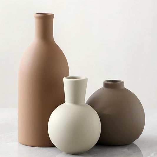 Vase Set of 3 | Ceramic Neutral Vases Home Decor | Rustic Flower Pottery Vases Modern Farmhouse Vase for Table Entryway Mantel Centerpiece Bookshelf Living Room Bathroom Bedroom -Brown Large-VerdiqueGarden