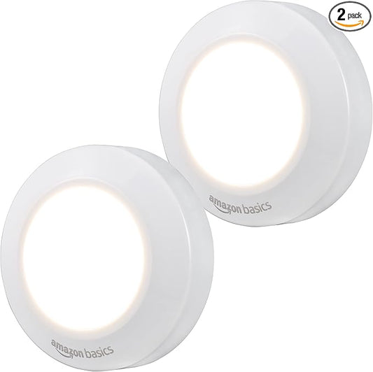 Amazon Basics LED Puck Lights, Battery Operated, 50 Lumens 2 Pack, Tap Light, Stick on Lights, Under Cabinet Lighting, Ideal for Kitchen Cabinets, Closets, Garage and More, White-VerdiqueGarden