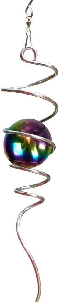 Fonmy Gazing Ball Spiral Tail -Decorative Wind Spinner 11 inch Tail and 2 inch Steel Orb. Indoor Outdoor Garden Decoration Silver Multi Color Ball -13 inch Height-VerdiqueGarden