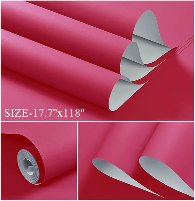 Dimoon 393''x17.7'' Pink Peel and Stick Wallpaper Contact Paper Modern Self Adhesive Wall Paper Removable Renter Friendly Textured Solid Color Shelf Cabinet Vinyl Roll (393''x17.7'',Rose Red)-VerdiqueGarden