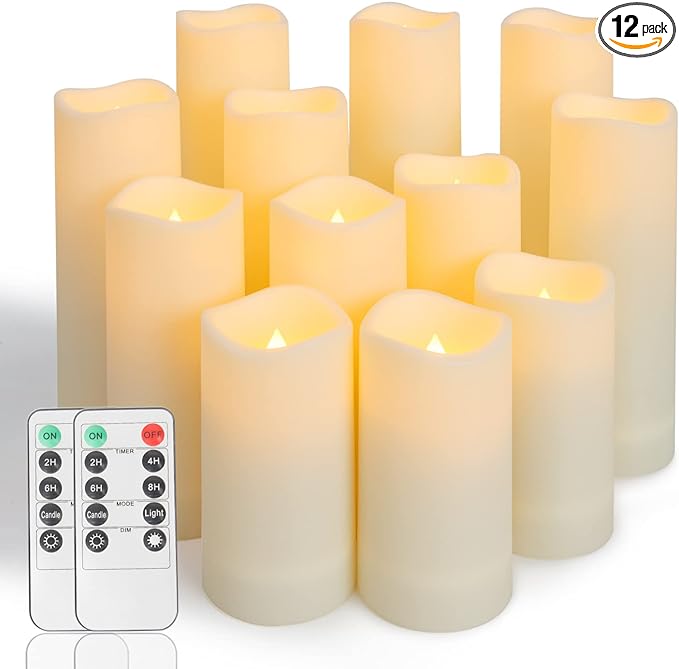 Metaku Flameless Flickering LED Candles Set of 12 - Battery Operated Ivory with Remote & Timer for Halloween, Christmas, Bedroom, Home, Wedding, Birthday Decoration D2.2'' x H4''5''6''7''-VerdiqueGarden