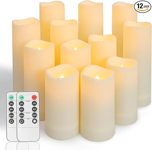 Metaku Flameless Flickering LED Candles Set of 12 - Battery Operated Ivory with Remote & Timer for Halloween, Christmas, Bedroom, Home, Wedding, Birthday Decoration D2.2'' x H4''5''6''7''-VerdiqueGarden