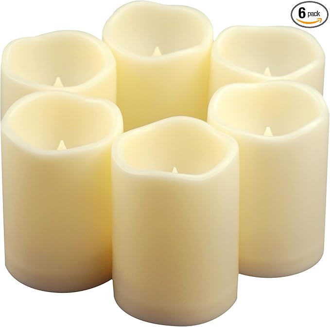 Waterproof Outdoor Battery Operated Flameless Pillar Candles with Timer White Plastic Realistic Flickering Fake Electric LED Lights for Lantern Garden Wedding Christmas Decorations 3”x4” 6 Pack-VerdiqueGarden