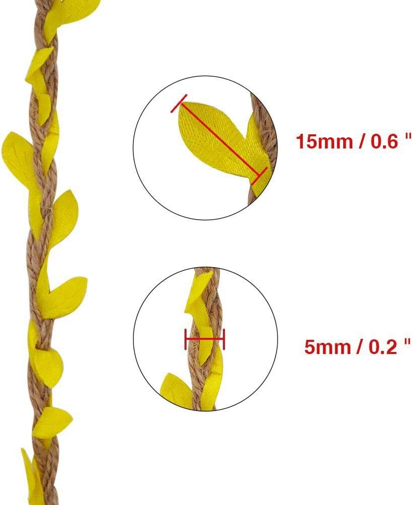 66 Feet Total Burlap Yellow Leaf Ribbon 2 Rolls 5mm Natural Jute Vine with Artificial Leaves Ribbon for Crafts Jungle Party Wedding Garden Home Decoration Twine-VerdiqueGarden