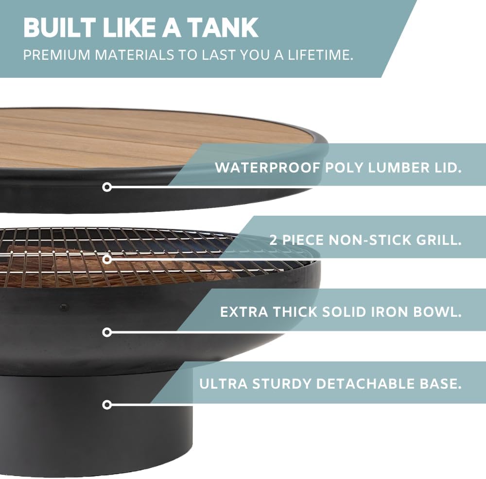 32 Inch Round Fire Pit Table with Fire Pit Grill, Extra Thick, Heavy Duty Fire Bowl, Deep Outdoor Firepit, Wood Burning Firepits for Outside Patio, Backyard Fire Pits, Large BBQ Pit-VerdiqueGarden