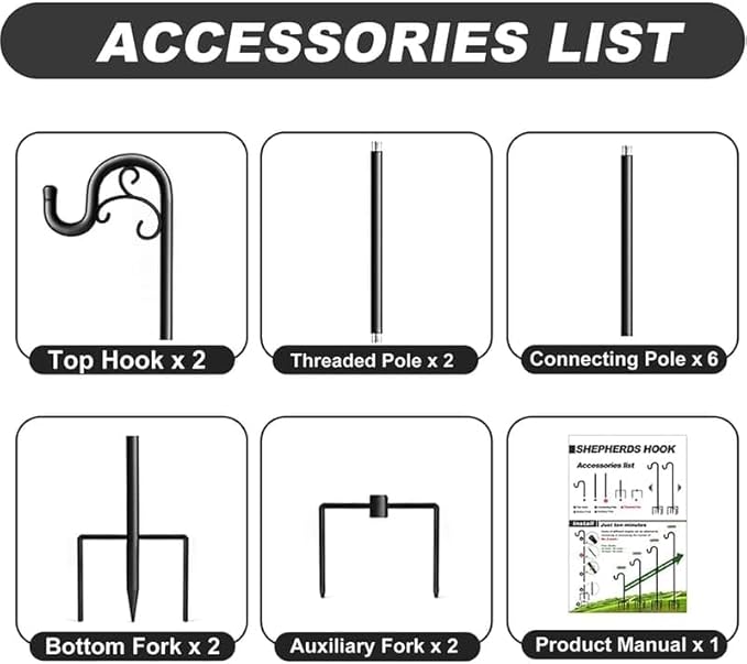 Shepherds Hook for Bird Feeders for Outside, 92 Inch Adjustable Shepards Hooks for Outdoor (2pcs), Heavy Duty Humming Bird Stand Feeder Pole, Metal Garden Hooks Hanger for Outdoor Décor-VerdiqueGarden
