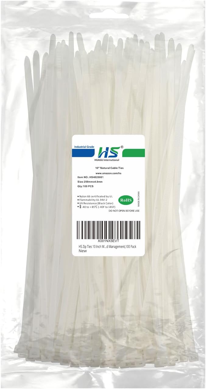 HS Zip Ties 10 Inch White 50 LBS Nylon Medium Clear Cable Ties Straps Strong for Bike/Car/Cord Management,100 Pack-VerdiqueGarden