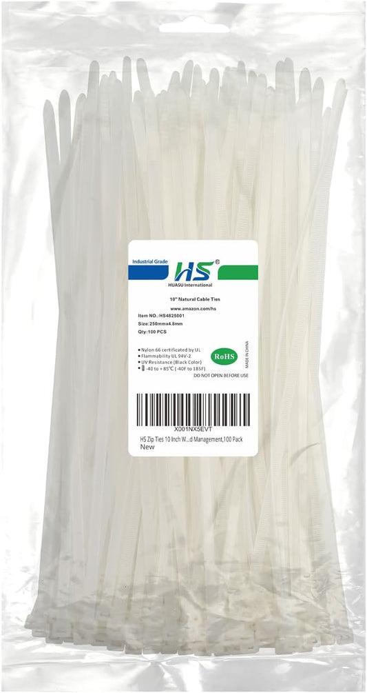HS Zip Ties 10 Inch White 50 LBS Nylon Medium Clear Cable Ties Straps Strong for Bike/Car/Cord Management,100 Pack-VerdiqueGarden