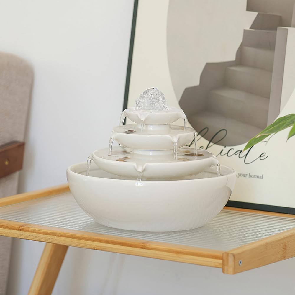 Indoor Tabletop Ceramic Fountain Water Feature Home Kitchen Office Decoration Modern Design Style (White)-VerdiqueGarden