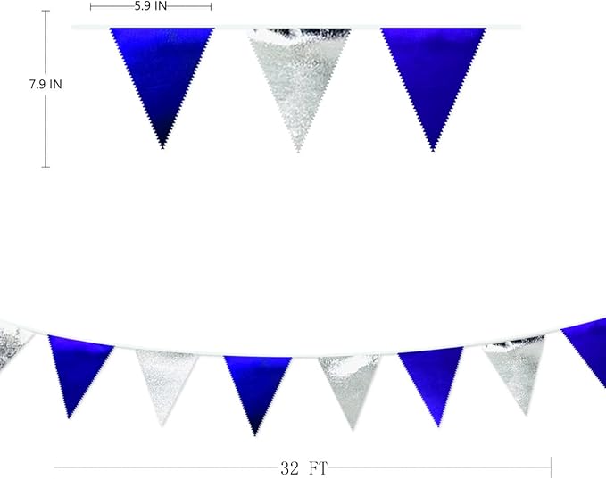 Royal Blue Silver Party Decorations Navy Blue Triangle Pennant Banner Flag Metallic Fabric Bunting Garland for Birthday Graduation Wedding Retirement Nautical Ahoy Achor Pirate Theme Party Supplies-VerdiqueGarden