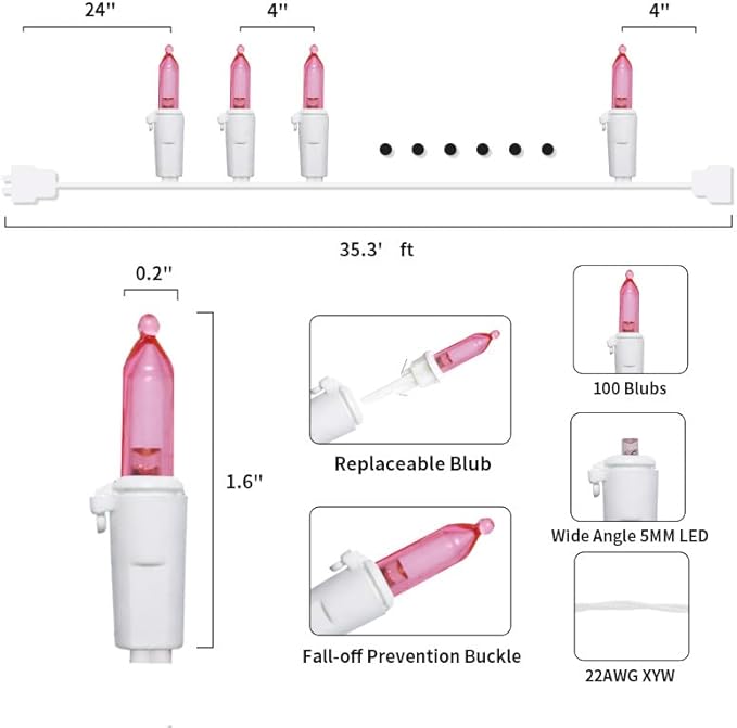 Pink LED Christmas Lights - 100 Count Pink Christmas String Lights for Tree, Party, Bedroom, Wedding, Indoor and Outdoor Valentines Day Decorations, 33 Feet White Wire, UL Certified, Connectable-VerdiqueGarden