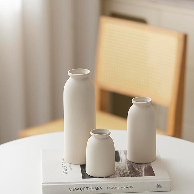 Ceramic Vase Set-3, Small Flower Vases for Decor, Modern Boho Farmhouse Style, Decorative Vases for Pampas Grass & Dried Flowers, Distressed Finish (Beige)-VerdiqueGarden