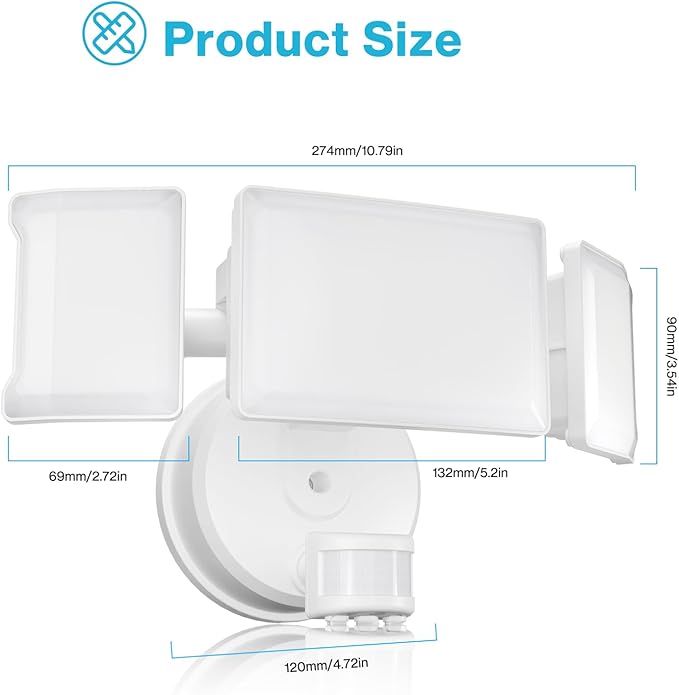 Olafus 65W Motion Sensor Outdoor Light, 2 Pack LED Security Light 6000LM, 6500K Exterior Motion Flood Light with 3 Adjustable Heads, for Outside Garage, Yard, Patio, IP65 Waterproof, White-VerdiqueGarden