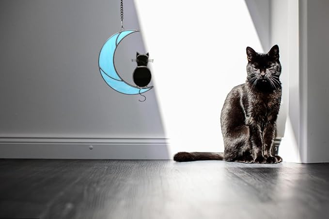 Black Cat Stained Glass Suncatcher,Cat Memorial Gifts for Loss of Cat,Cat Mom Gifts,Cat Sympathy Gifts for Cat Lovers,Window Hanging Ornament-VerdiqueGarden