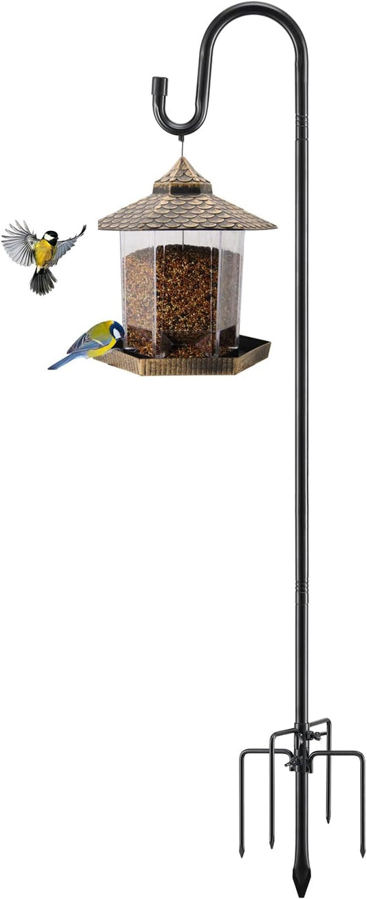 Bird Feeder Pole, 62 Inch & 5/8 Inch Diameter Stainless Steel Heavy Duty Shepherds Hooks for Outdoor to Hang Outdoor Lights with 5 Prongs Base, Rustproof for Garden Decor or Wedding Decors(Black)-VerdiqueGarden