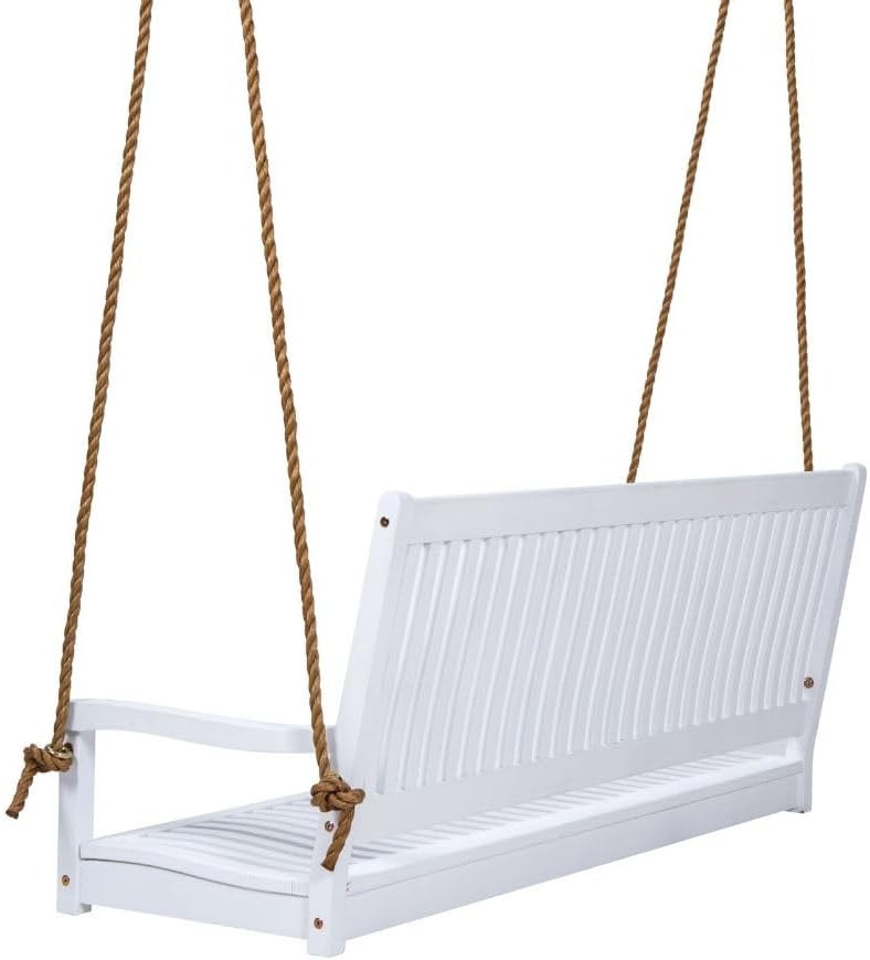 East Green Hayden 5 Foot White Porch Swing with Ropes - Outdoor Bench Swing Crafted from Naturally Weather-Resistant Acacia Wood-VerdiqueGarden