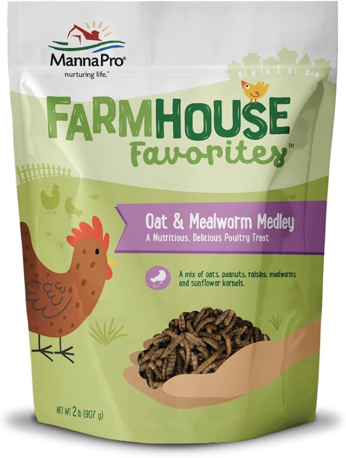 Manna Pro Farmhouse Favorites Oat & Mealworm Mix Poultry Treat – Natural Protein Source – Encouraging Poultry Treat – Mix of Oats, Peanuts, Raisins, Mealworms, Sunflower Kernels – 2lbs-VerdiqueGarden