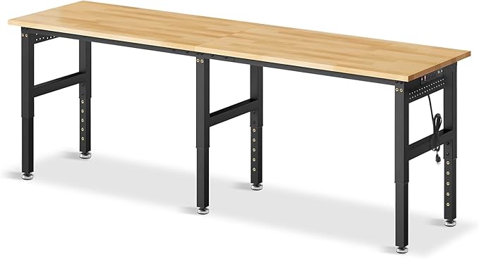 96”Adjustable Work Bench, 5000 LBS Capacity Heavy Duty Workbench with Power Outlet & Pegboard, Rubber Wood Work Table for Garage, Workshop, Office, Home-VerdiqueGarden