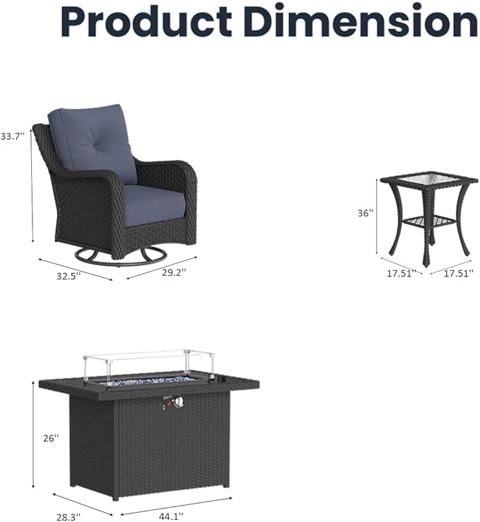 7 Pieces Outdoor Patio Furniture Sets with Rocking Swivel Chairs with 6-inch Thick Cushion and Fire Pit Table for Deck Lawn-VerdiqueGarden