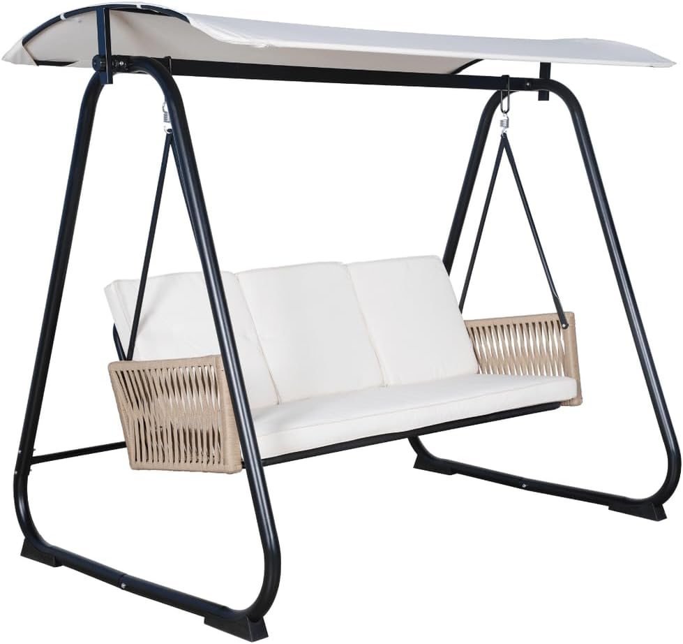 East Green Parker Patio Swing with Canopy - Covered 3 Person Free Standing Porch Swing with Cushions for Backyards, Gardens, and Lawns-VerdiqueGarden