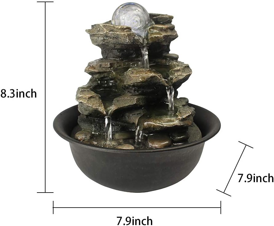 8.3" High 4-Tier Cascading Rock Falls Tabletop Water Fountain with LED Light & Spinning Ball - Indoor Small Waterfall Feature for Office, Home and Bedroom Desktop Decor Dark Grey-VerdiqueGarden