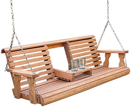 Porchgate Amish Heavy Duty Console Porch Swing with Fold Down Cup Holders in Cedar Stain - Amish Made in The USA from Treated Pine, Hanging Chains Included-VerdiqueGarden