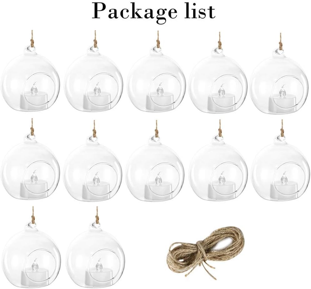 12 Pcs 3.15"/ 8cm Hanging Glass Tealight Holder Globe with LED Tealight, Plant Terrariums Glass Orbs Air Plants Tea Light Candle Holders Home Decor Indoor Outdoor Garden DIY Gifts (12 Pcs)-VerdiqueGarden