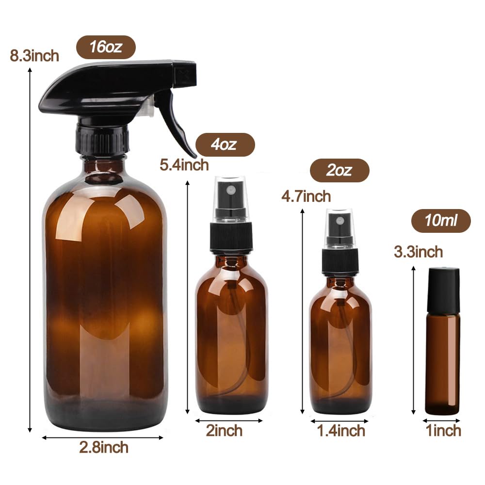 Glass Spray Bottle Kit×10 (2×16oz, 2×4oz, 6×2oz), 9×10ml Roller Bottles, Anti UV, Multi Size and Versatile, Suitable for Aromatherapy, Facial Moisturizing, Watering, etc.(Amber)-VerdiqueGarden