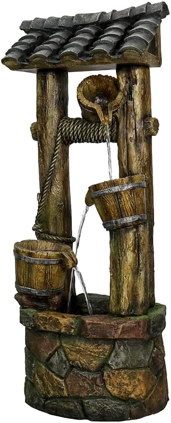 Wishing Well Water Fountain, 39.3inches Rustic Outdoor Water Fountains - Outdoor Cascading Waterfall with Buckets, Pump & Lights for Backyard Patio Decor-VerdiqueGarden
