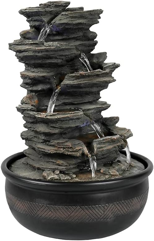 15.7” High Rock Falls Tabletop Water Fountain with LED Lights - 5-Tier Indoor Relaxation Waterfall Fountain, Small Cascading Water Feature for Home and Office Decor Gray-1-VerdiqueGarden