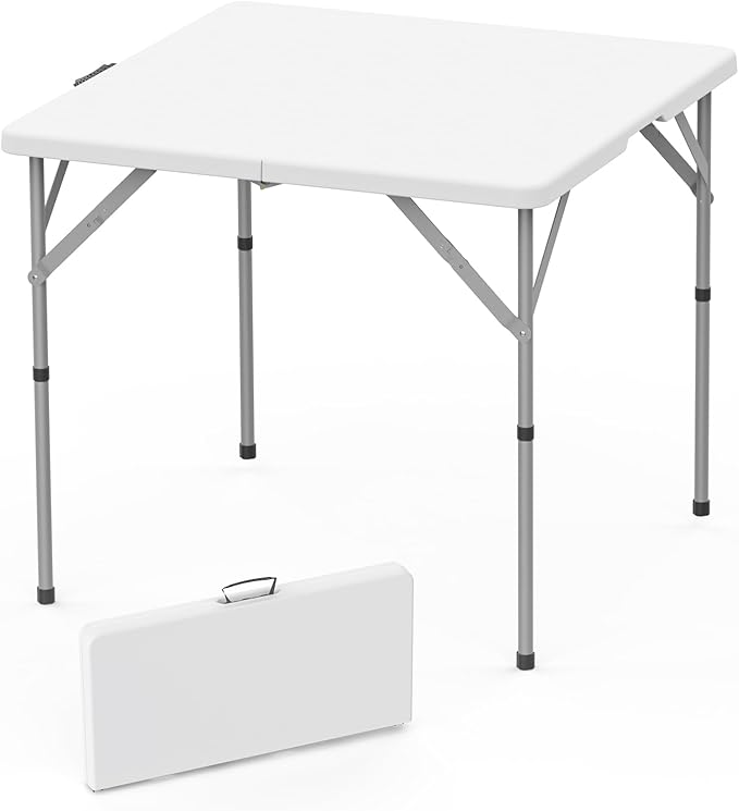 HLPB 34'' Square Folding Card Table, Fold-in-Half Portable Dining Table with Handle and Safety Lock, Foldable Plastic Dining Table Indoor Outdoor for Camping, Picnic and Party Event, White-VerdiqueGarden