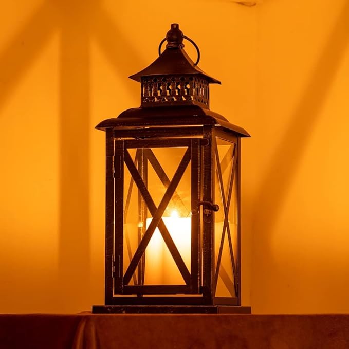 DECORKEY Lantern Decorative Indoor & Outdoor, Large Hanging Candle Lanterns Home Decor, Vintage Metal Candle Holders for Front Porch Patio Wedding Party, Halloween Christmas Decorations (Black)-VerdiqueGarden