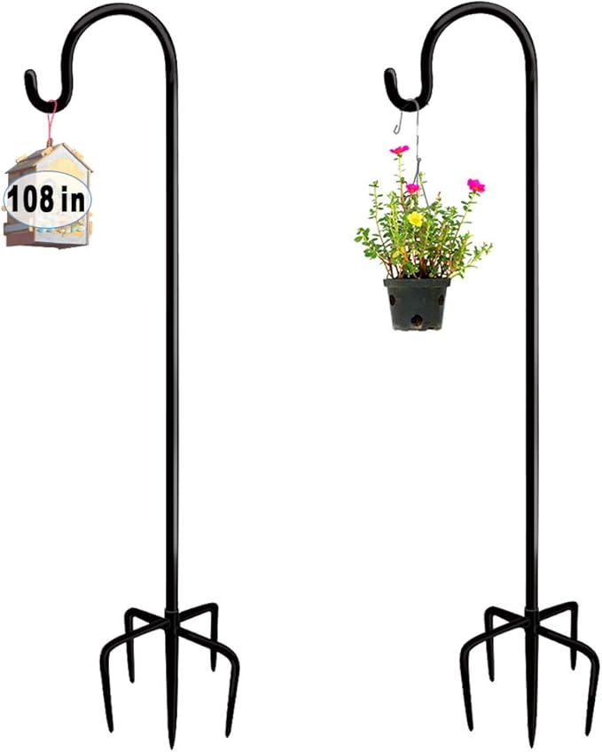 108 inch Outdoor Shepherd Hook with 5 Prong Base (2 Packs), Adjustable Heavy Duty Garden Hanging Stake for Bird Feeder Solar Light Plant Hanger Wedding Decor, Matte Black-VerdiqueGarden