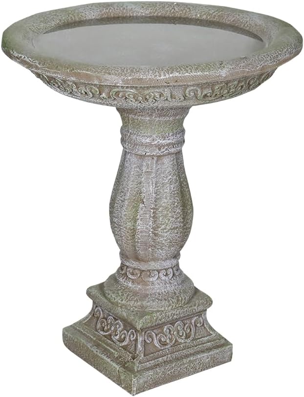 SunJet 23.8 Inch High Concrete Bird Bath with Carved Pedestal – Birdbath Sturdy & Elegant Design, Stone-Like Texture, Attracts Birds and Enhances Garden, Patio, Yard, Lawn Decor-VerdiqueGarden