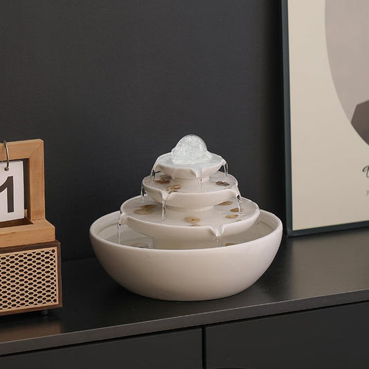 Indoor Tabletop Ceramic Fountain Water Feature Home Kitchen Office Decoration Modern Design Style (White)-VerdiqueGarden