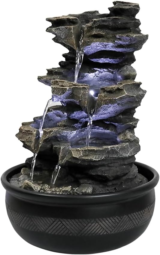 15.7” High Rock Falls Tabletop Water Fountain with LED Lights - Indoor 5-Tier Cascading Fountain for Home and Office Decor (Gray_3, 15.7" high)-VerdiqueGarden