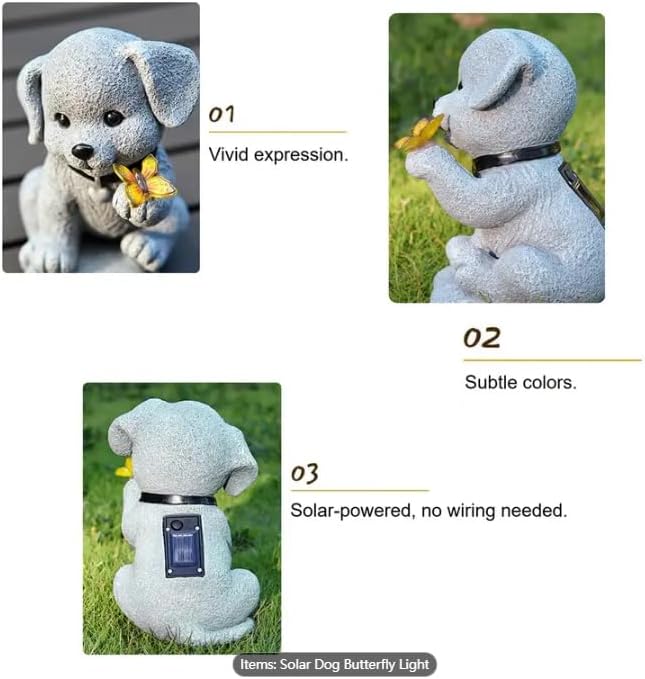 Solar Dog Statue Garden Decor with Butterfly Light – Waterproof Outdoor Yard Art for Patio, Lawn, Balcony for Mother’s Day, Father’s Day, Housewarming, Mom, Dad, Grandma, Men, Women-VerdiqueGarden