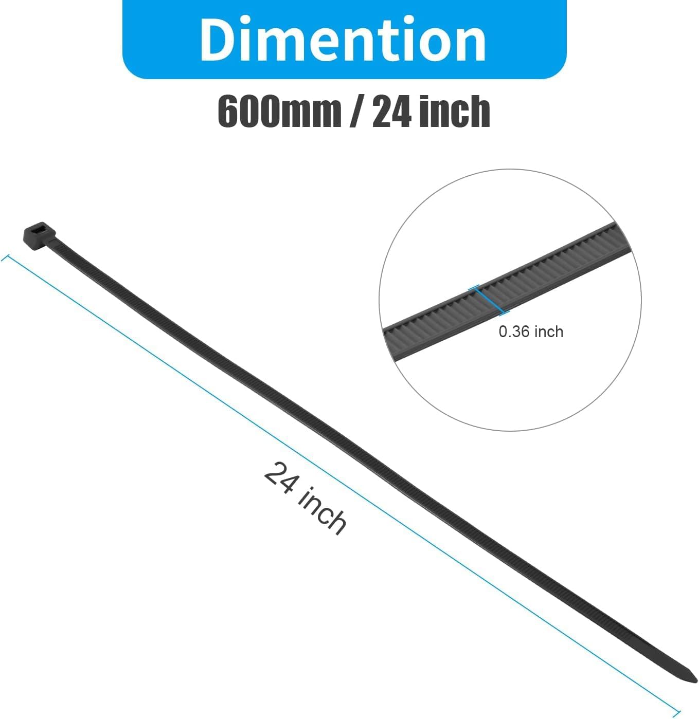 XINGO 24 Inch Black Large Zip Ties Heavy Duty 500 Pack, 200 LBS Ultra Strong Plastic Wire Ties, Large Cable Ties Extra Long Tie Wraps, Indoor and Outdoor UV Resistant-VerdiqueGarden