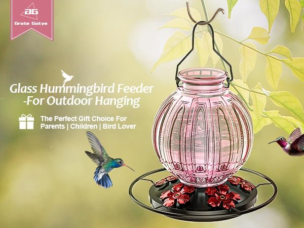 Glass Hummingbird Feeder for Outdoors Hanging, Bird Nectar Feeder with Perch & 5 Flower Feeding Ports, 26 Oz Leak Proof for Outside Garden Decor Backyard, Gifts for Women Mom, Pink-VerdiqueGarden