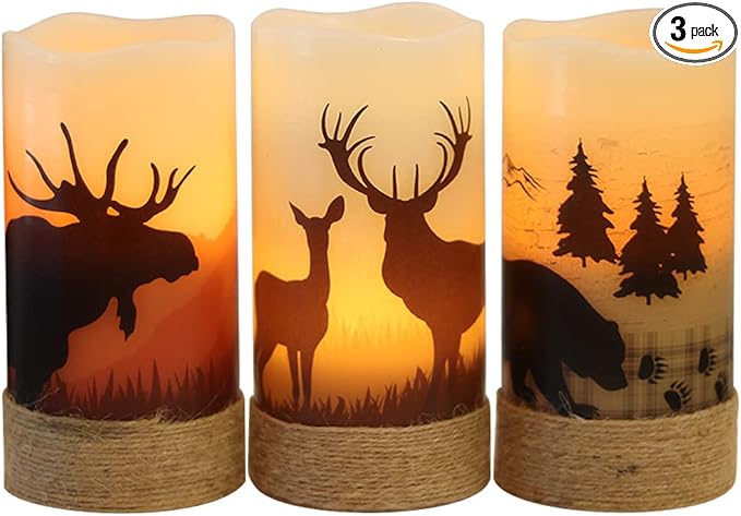 Flickering Flameless Candles with 6H Timer, LED Warm Light Pillar Candles Battery Operated Real Wax with Hemp Rope, Deer, Moose, Bear, Home Table Decoration for Wedding Party-VerdiqueGarden