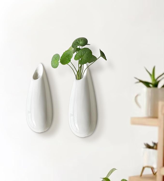 2 Pack White Ceramic Wall Vases,5.9 Inch Wall Hanging Plant Holder,Cubicle Modern Decor Plant Holder Vase for Indoor Plants, Hanging Propagation Flower Pots for Air Vases-VerdiqueGarden