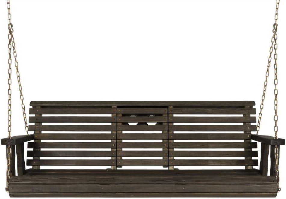 Porchgate Amish Heavy Duty Console Porch Swing with Fold Down Cup Holders in Dark Walnut Stain - Amish Made in The USA from Treated Pine, Hanging Chains Included-VerdiqueGarden