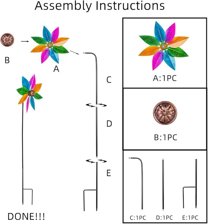 DREAMYSOUL Colorful Wind Spinner 38Inches, Metal Garden Pinwheels for Yard and Garden, Decorative Wind Spinners for Outdoor Patio Yard Lawn-VerdiqueGarden