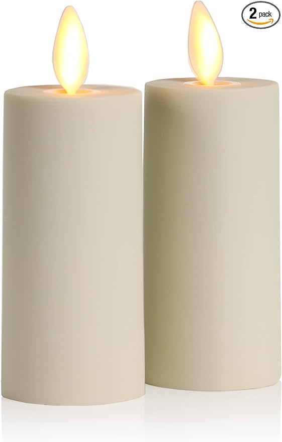 Luminara Outdoor Votive Flameless LED Candle, Set of 2 Ivory 1.5" x 4", Moving Flame Battery Operated Timer Remote Ready IPX4 Matte Plastic Finish-VerdiqueGarden